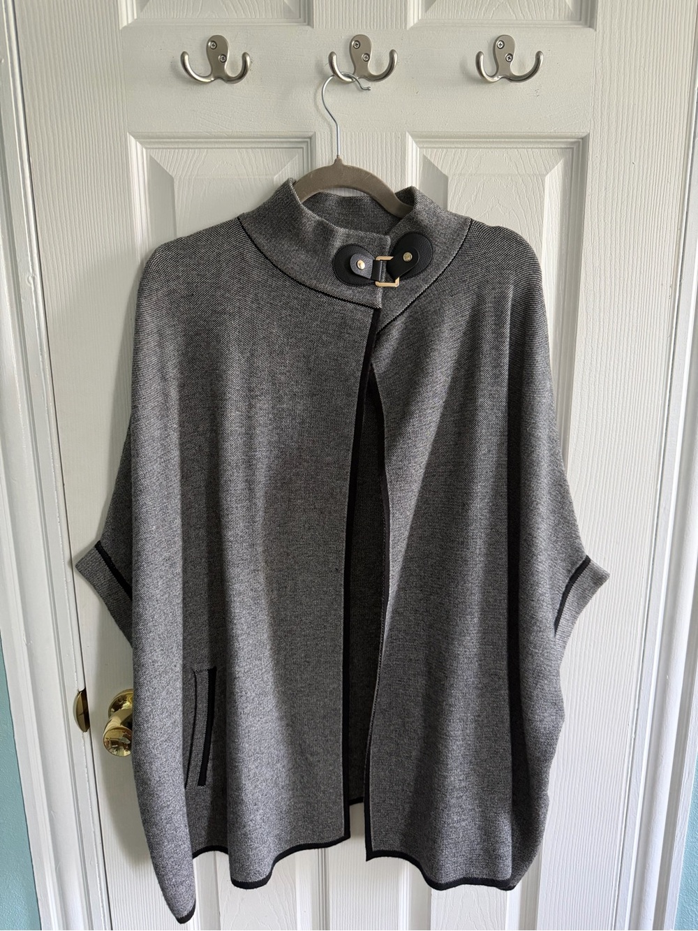 Gray Women's Knit Cape Sweater with Buckle Collar